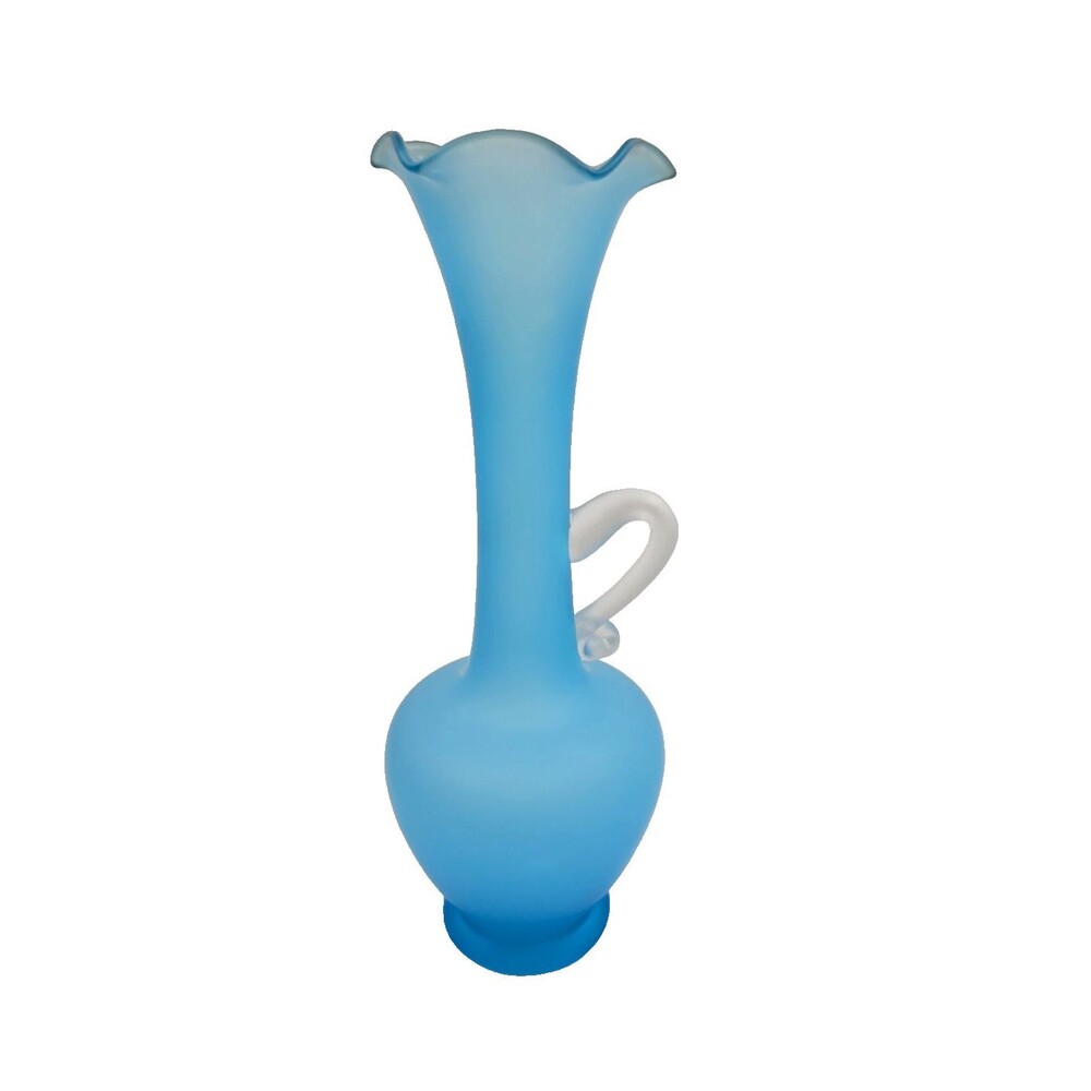 Mid Century Empoli Italy Blown Glass STUNNING BLUE Satin Vase w Handle 8”